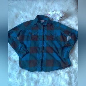 Wrangler Blue and Brown Plaid Shirt Size L